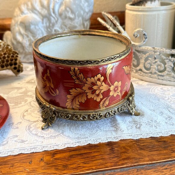 Large Vintage Porcelain and Brass Oval Trinket Box in Rust and Gold - Picture 10 of 17